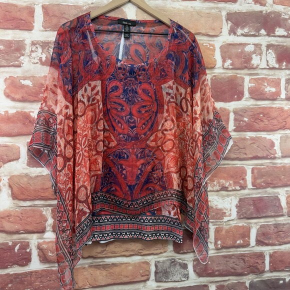 Style & Co Poncho Top Women's XL Red Multicolor Boho Floral Abstract Sheer Shirt - Picture 2 of 8